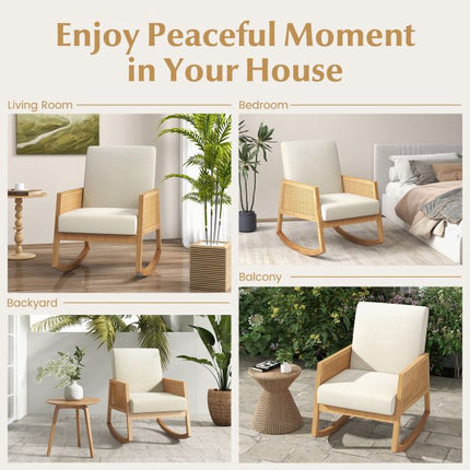Rocking Chair, Rattan Armrests, Upholstered Cushion Beige