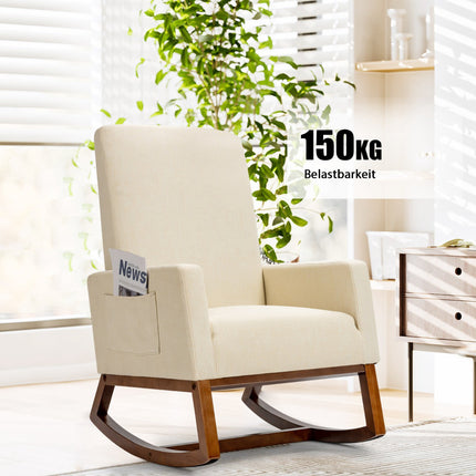 Rocking Chair, Rubber Wood Base, Side Pocket, Beige