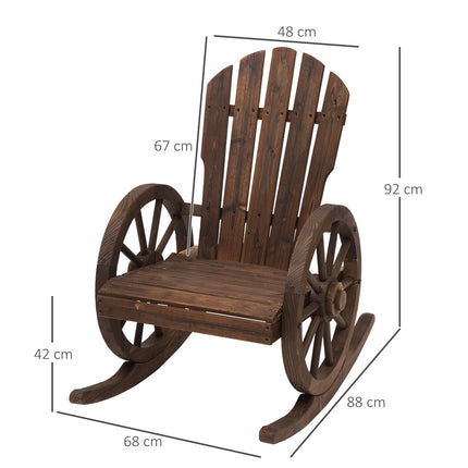 Rocking chair, rustic wood, dark brown, wheel design
