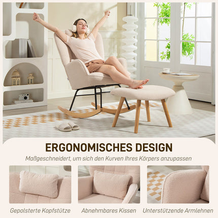 Rocking Chair with Ottoman, Fleece Cover, Wood Legs, Beige