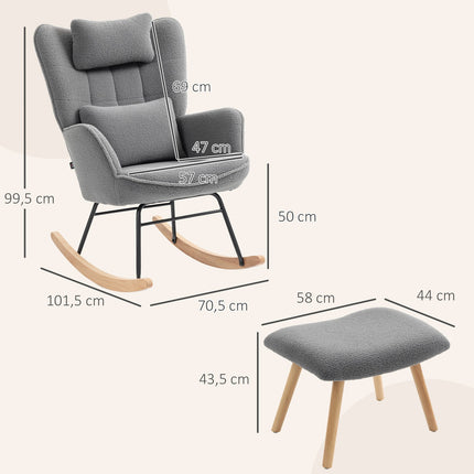 Rocking Chair with Ottoman, Fleece Cover, Wood Legs, Dark Gray