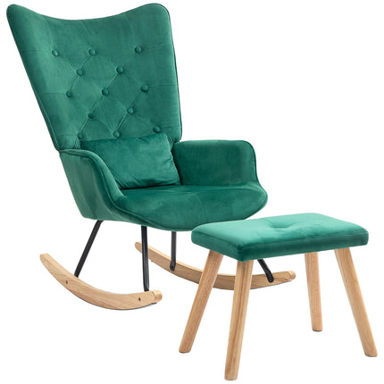 Green Velvet-Look Wing Chair with stool and cushion