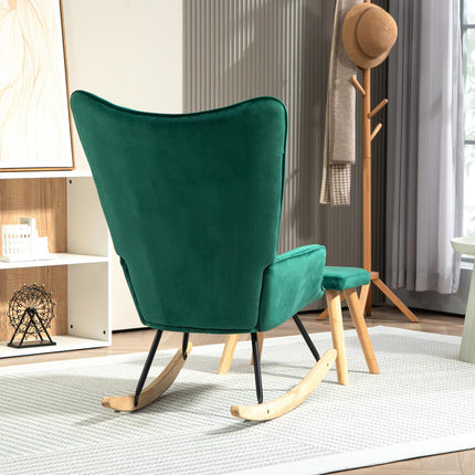 Green Velvet-Look Wing Chair with stool and cushion