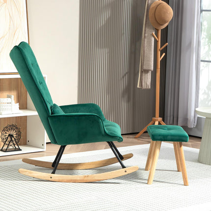 Green Velvet-Look Wing Chair with stool and cushion