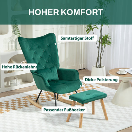 Green Velvet-Look Wing Chair with stool and cushion