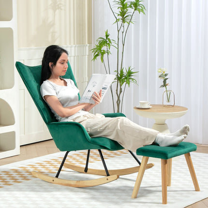 Green Velvet-Look Wing Chair with stool and cushion