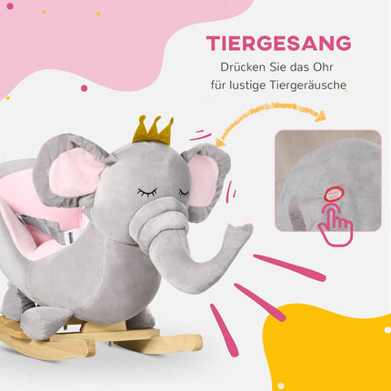 Wooden rocking horse elephant - gray and pink, ages 18 million+