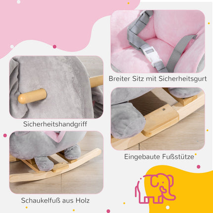 Wooden rocking horse elephant - gray and pink, ages 18 million+