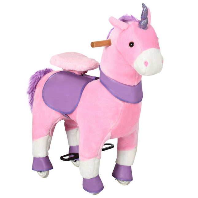 Unicorn rocking horse with padded saddle, 4 wheels, pink