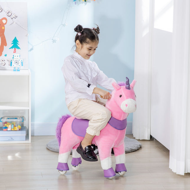 Unicorn rocking horse with padded saddle, 4 wheels, pink