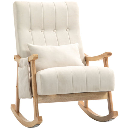 Beige rocking chair in linen with lumbar cushion and pocket