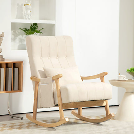 Beige rocking chair in linen with lumbar cushion and pocket
