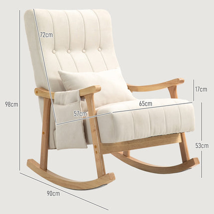 Beige rocking chair in linen with lumbar cushion and pocket