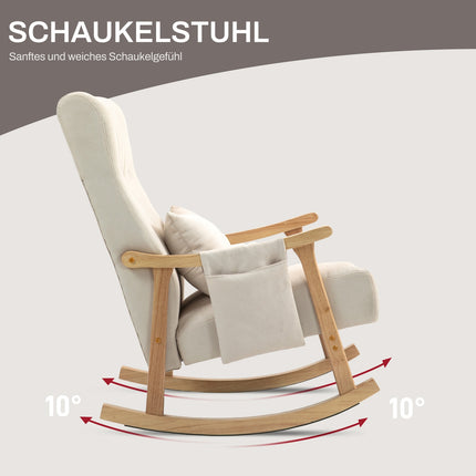 Beige rocking chair in linen with lumbar cushion and pocket
