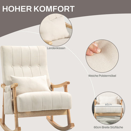 Beige rocking chair in linen with lumbar cushion and pocket