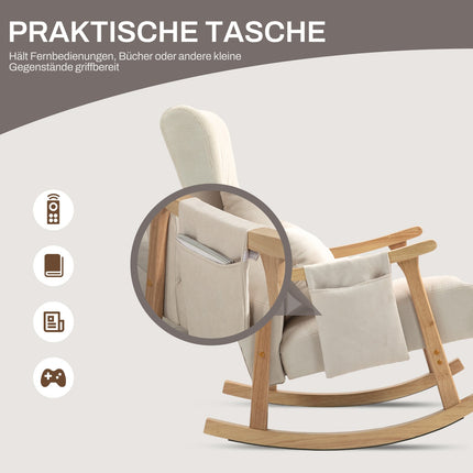 Beige rocking chair in linen with lumbar cushion and pocket