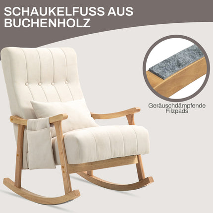 Beige rocking chair in linen with lumbar cushion and pocket