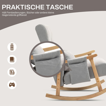 Gray padded rocking chair with lumbar support and side pocket