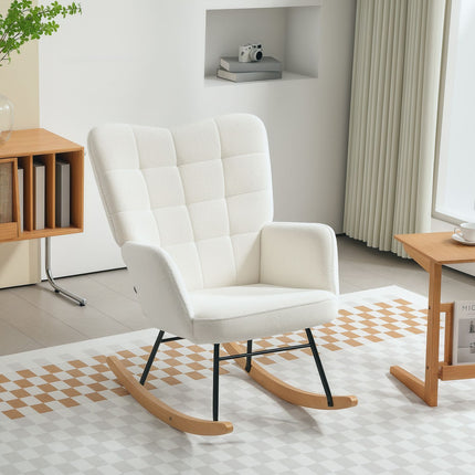 White padded rocking chair with armrests, wooden base
