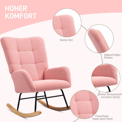 Pink velvet rocking chair with armrests - wooden base