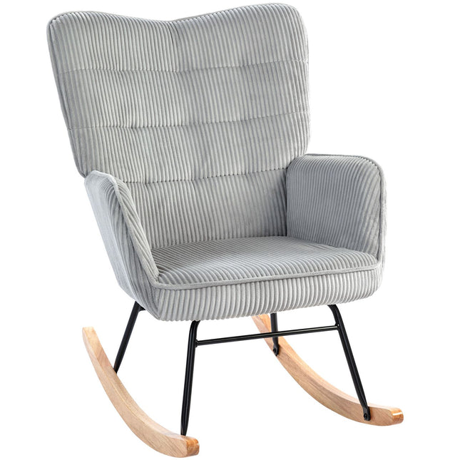 Light gray rocking chair with armrests, wooden runners