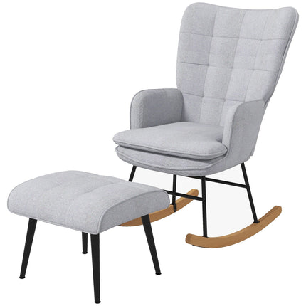Light gray rocking chair in linen look with stool, 130 kg Capacity