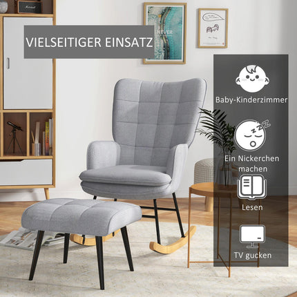 Light gray rocking chair in linen look with stool, 130 kg Capacity