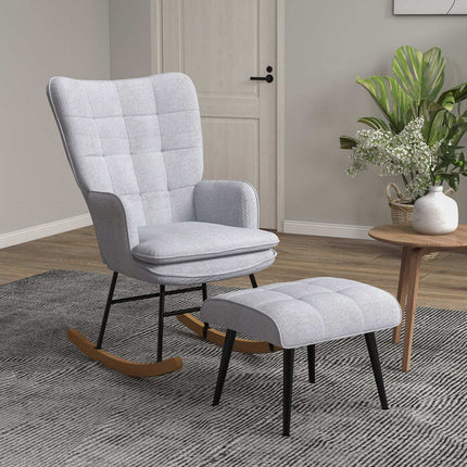 Light gray rocking chair in linen look with stool, 130 kg Capacity