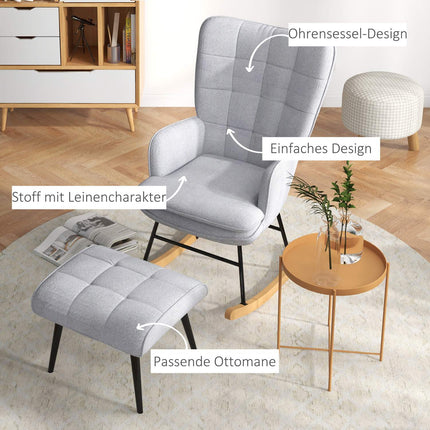 Light gray rocking chair in linen look with stool, 130 kg Capacity