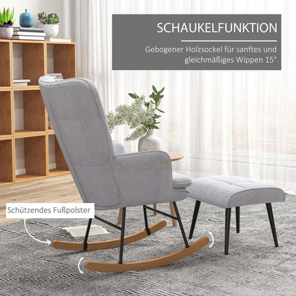 Light gray rocking chair in linen look with stool, 130 kg Capacity