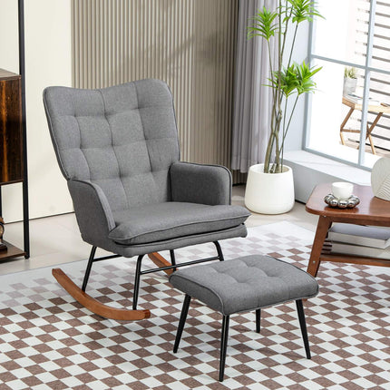 Rocking chair with stool - Linen look, 130 kg Capacity