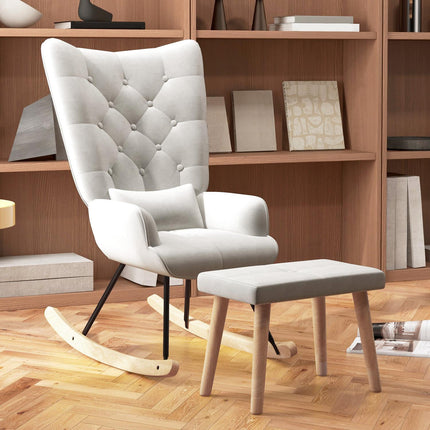 Rocking chair in velvet with cushion and stool, cream white