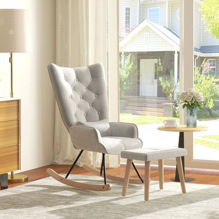 Rocking chair in velvet with cushion and stool, cream white