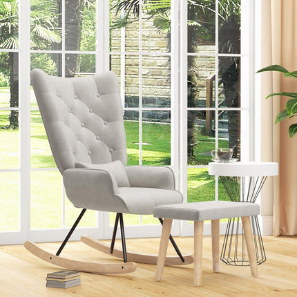 Rocking chair in velvet with cushion and stool, cream white