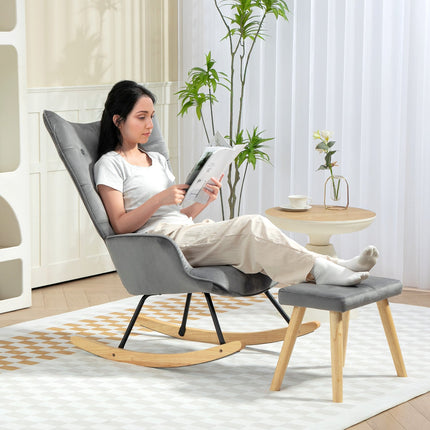 Dark gray velvet rocking chair with stool - subdued relaxation
