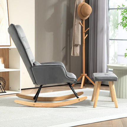 Dark gray velvet rocking chair with stool - subdued relaxation