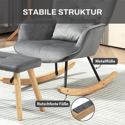 Dark gray velvet rocking chair with stool - subdued relaxation