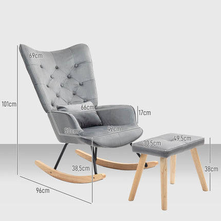 Dark gray velvet rocking chair with stool - subdued relaxation
