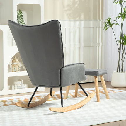 Dark gray velvet rocking chair with stool - subdued relaxation