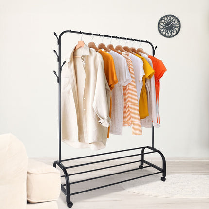 Rollable Iron Clothing Rack with 2 Shelves