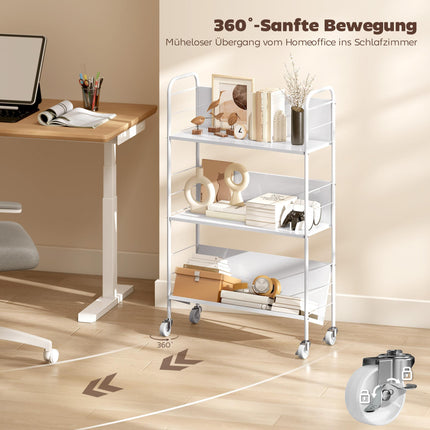Rolling 3-Tier Metal Bookshelf, 69x26x108 cm, White