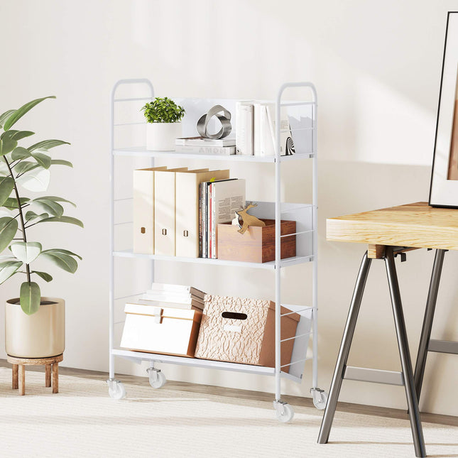Verrijdbare metalen boekenplank met 3 niveaus, 69x26x108 cm, wit