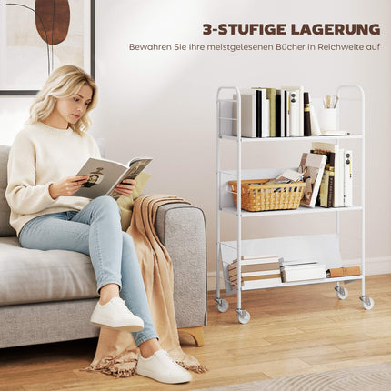 Rolling 3-Tier Metal Bookshelf, 69x26x108 cm, White