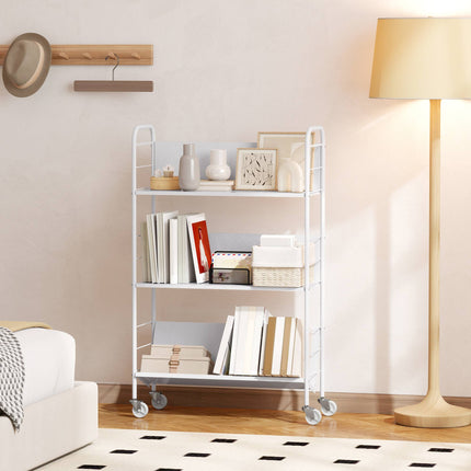 Rolling 3-Tier Metal Bookshelf, 69x26x108 cm, White