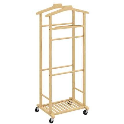 Rolling Bamboo Garment Rack, Double Rail, Shoe Shelf, Tray