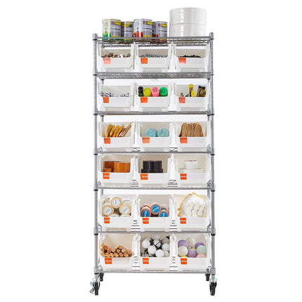Rolling Bin Storage Rack, 7-Tier, 18 Bins, Steel, Wheels