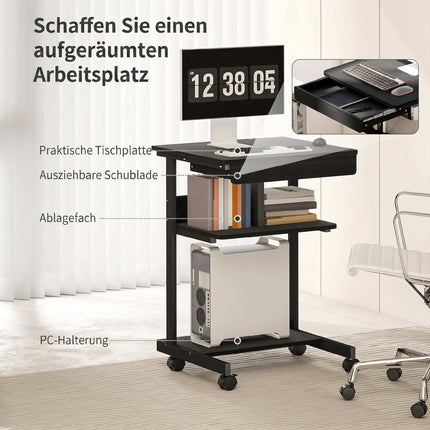 Rolling Computer Desk with Drawer, Shelves and Locking Casters