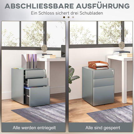 Gray rolling mobile filing cabinet with lockable drawers