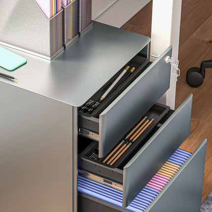 Gray rolling mobile filing cabinet with lockable drawers