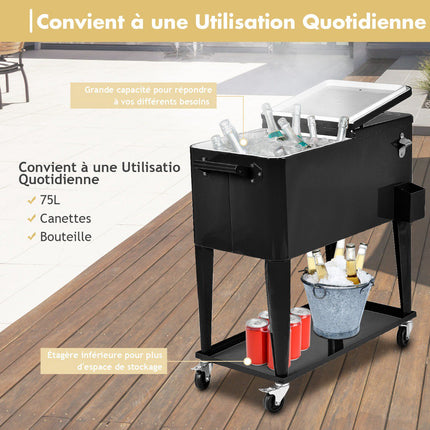 Rolling Cooler Cart 76L, Wheels, Bottle Opener